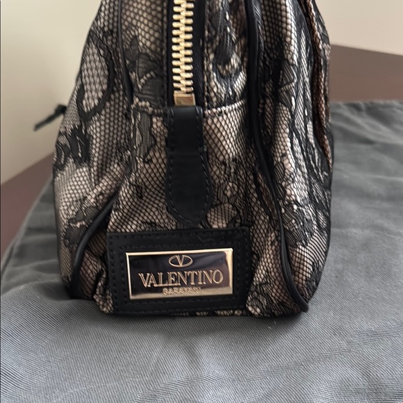 Valentino Garavani Black Leather Satchel with Lace Overlay - Picture 3 of 12